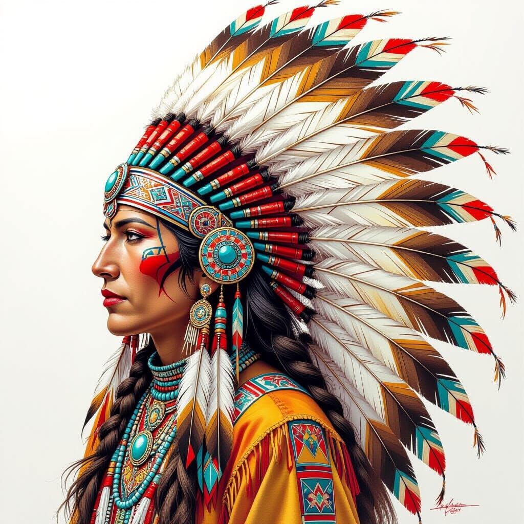 Detailed Colored Pencil Drawing of Indian Headdress