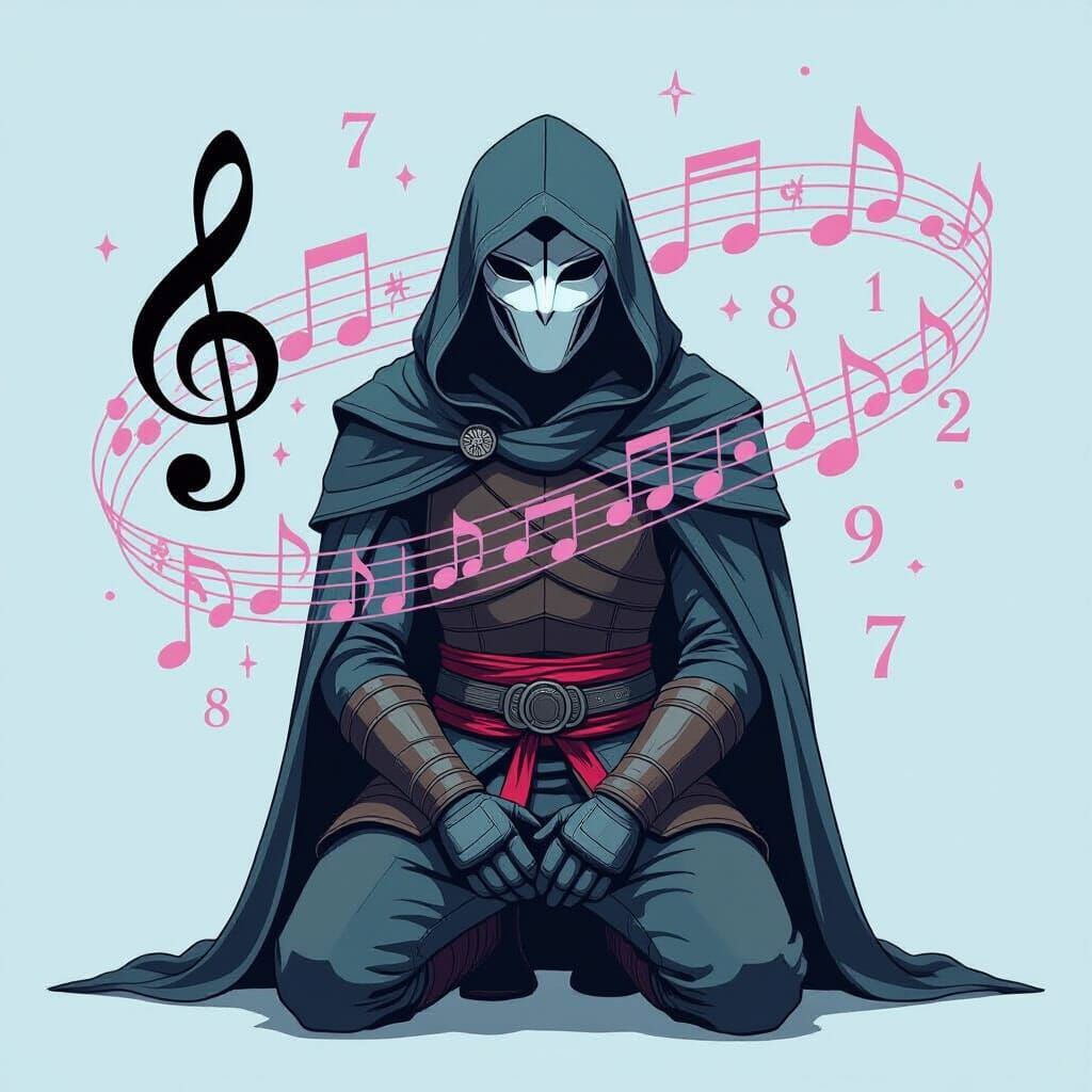 Hooded Warrior Kneels Amidst Pastel Musical Symbols