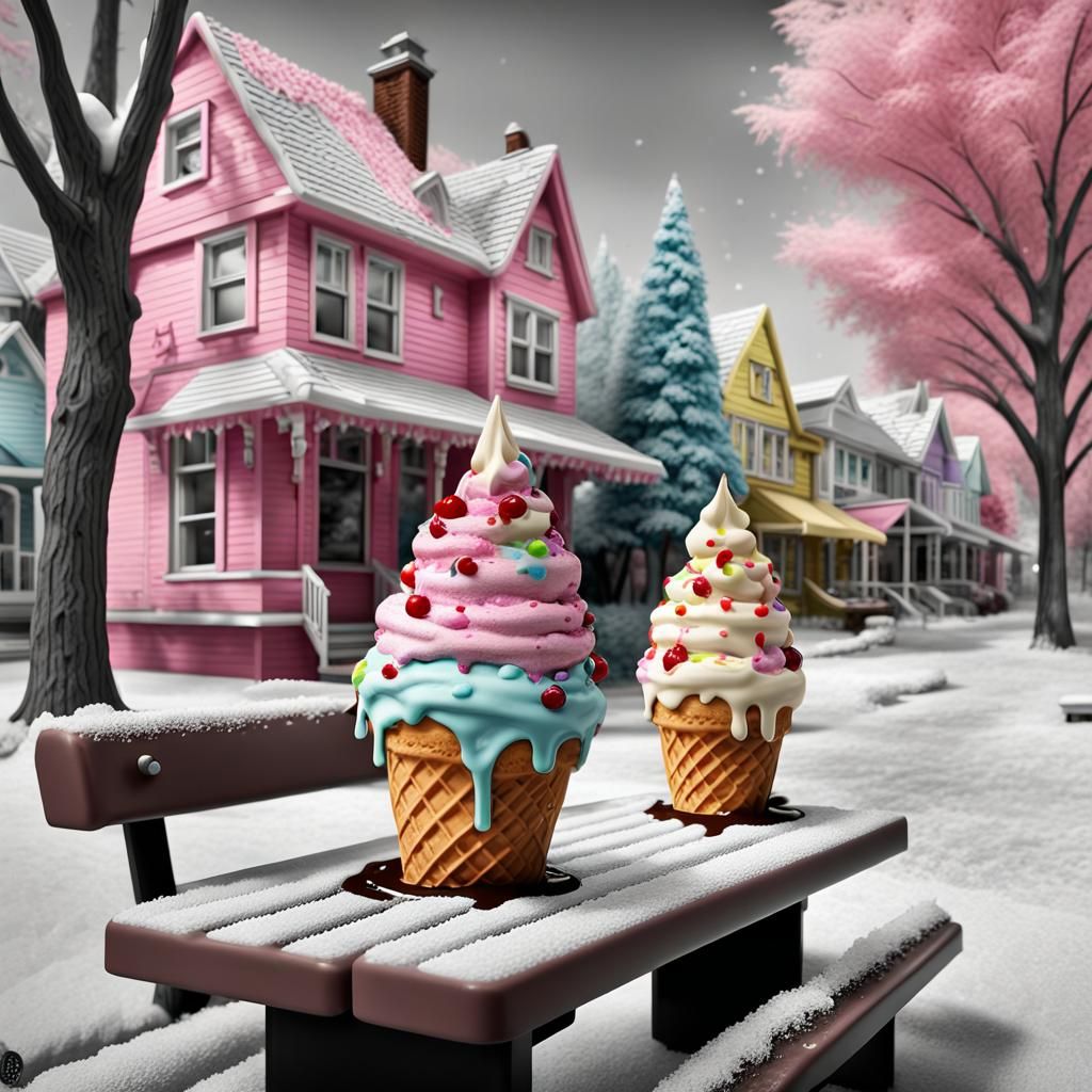Hyperrealistic Grayscale Ice Cream World with Pastel Accents