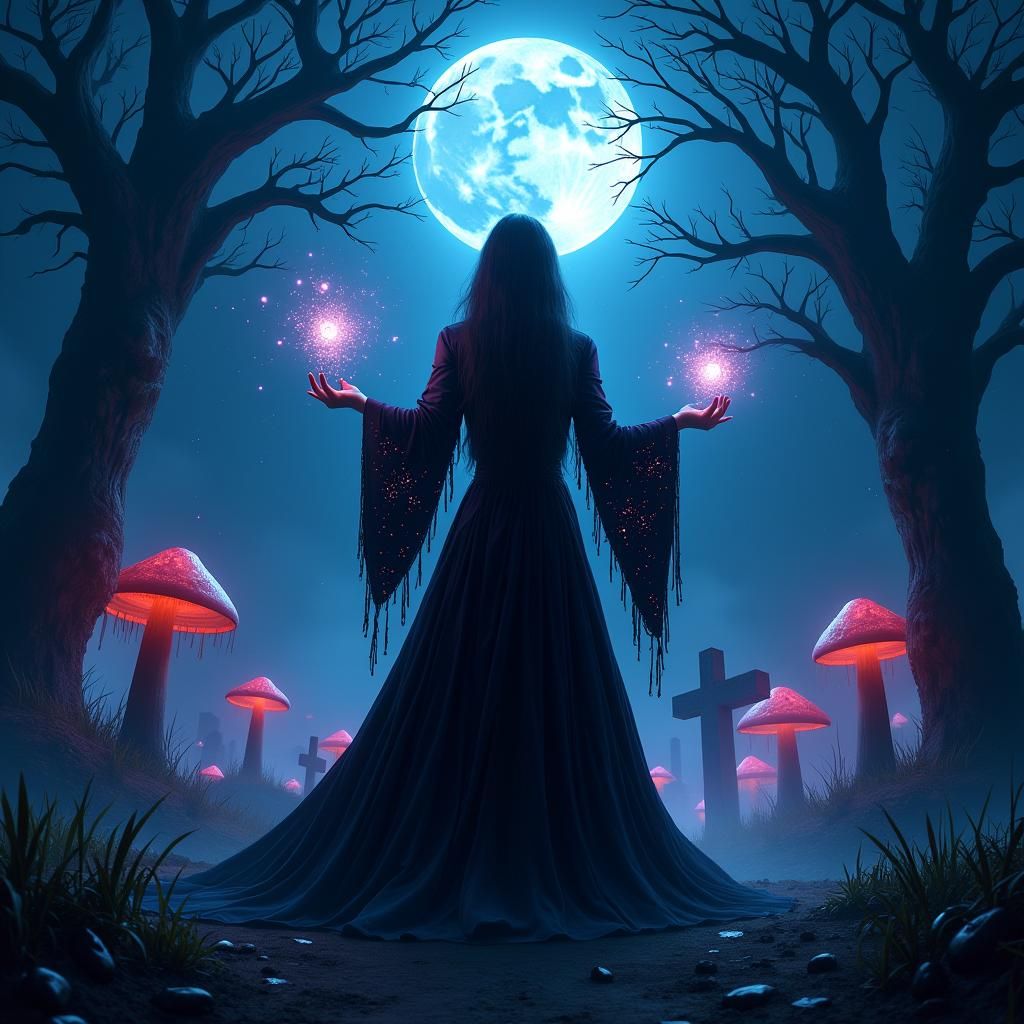 Mysterious Sorceress in Moonlit Cemetery, Fantasy Art