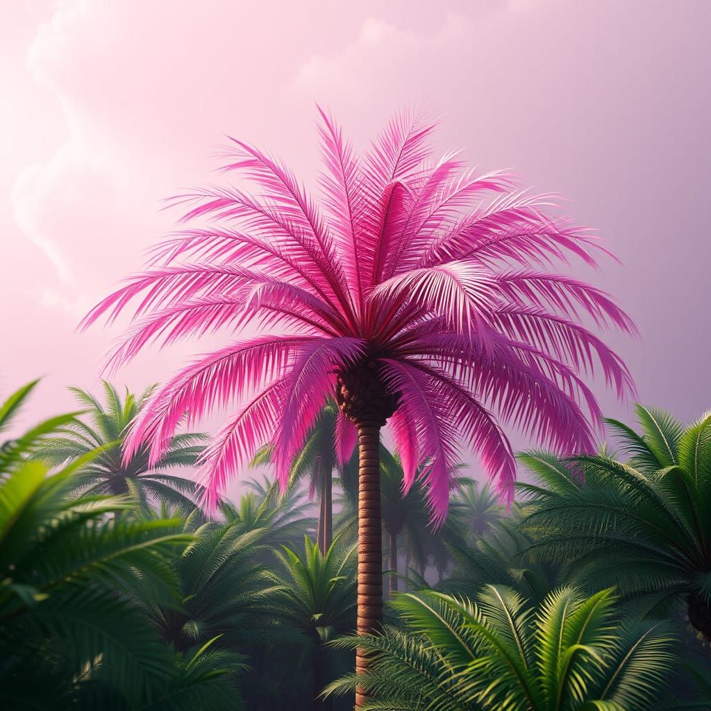 Pink Palm Tree Oasis in Vibrant Green Surroundings