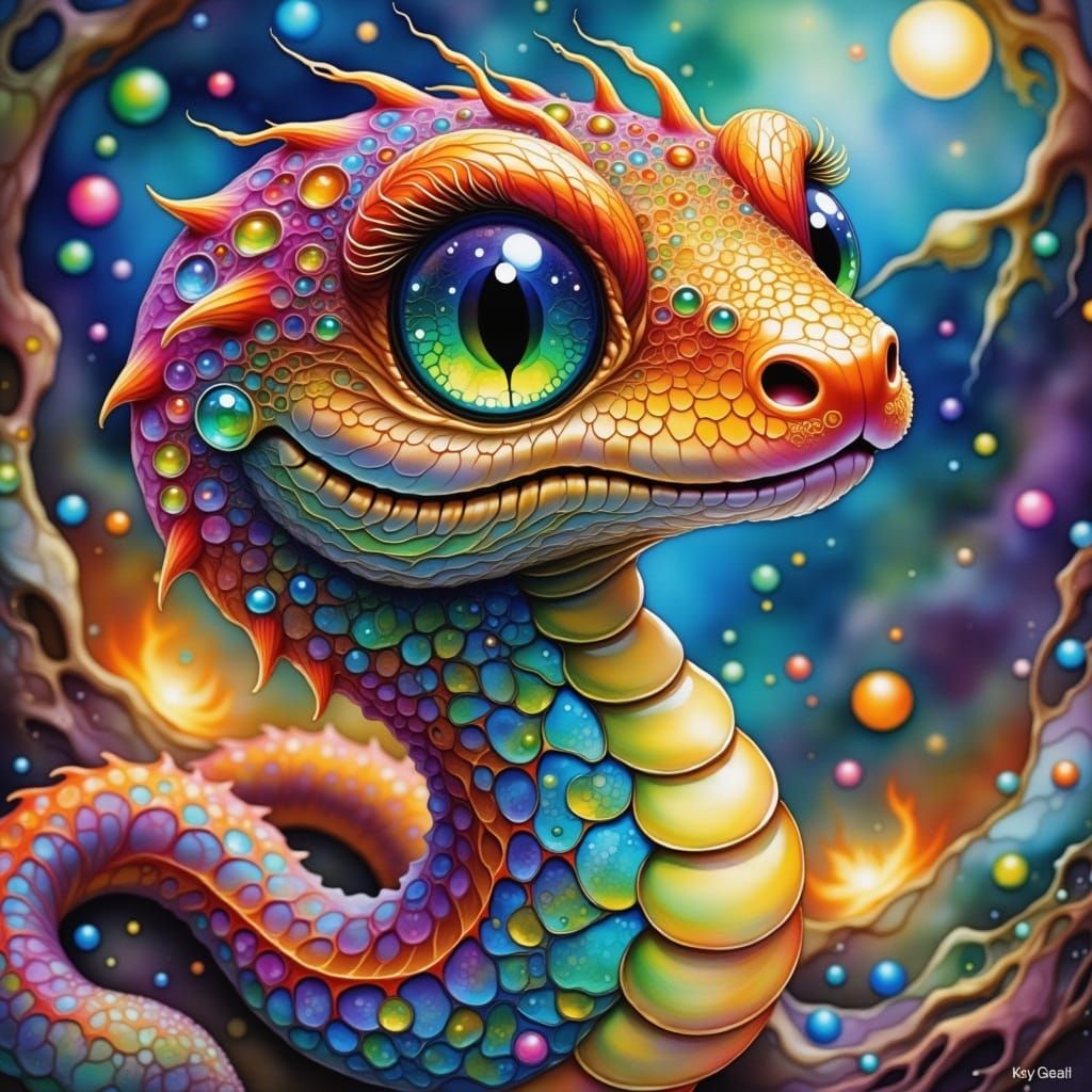 Surreal Whimsical Painting of a Fluffy Alien Snake in a Drea...