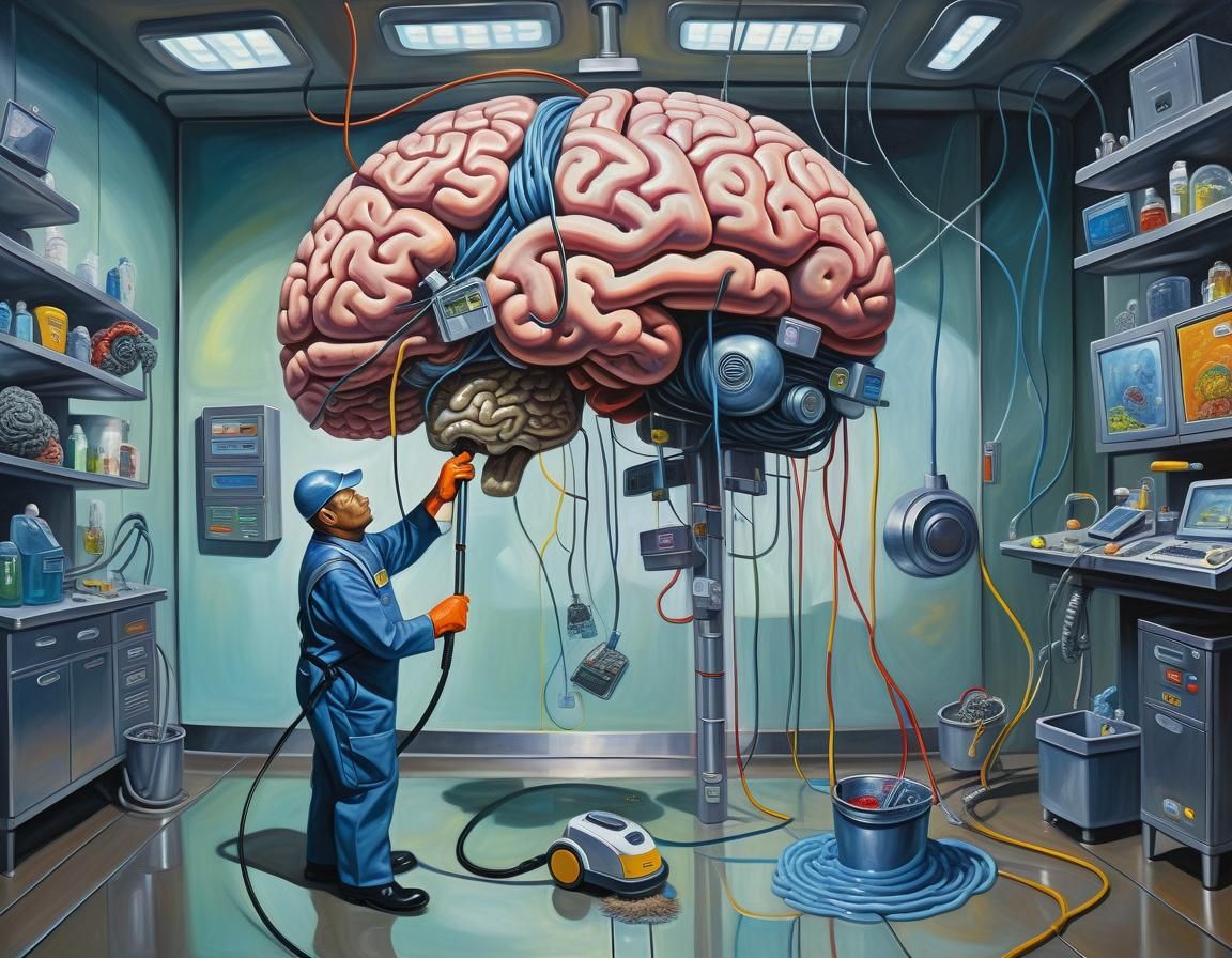 Whimsical Janitor Cleans Giant Brain, Art Brut Style