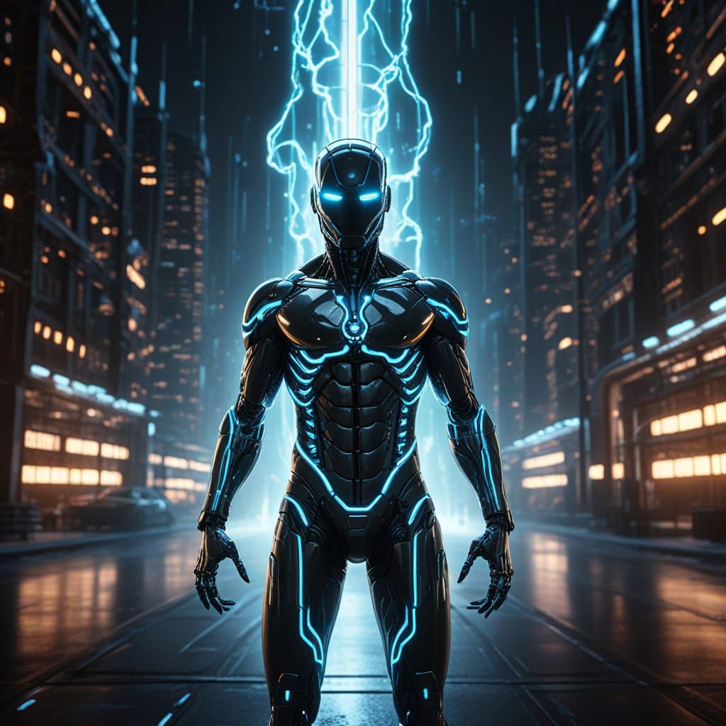 Sleek Humanoid Figure in Futuristic Energy Facility