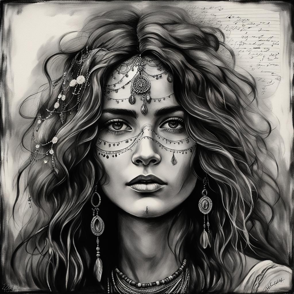 Bohemian Woman in Charcoal Drawing with Handwritten Notes