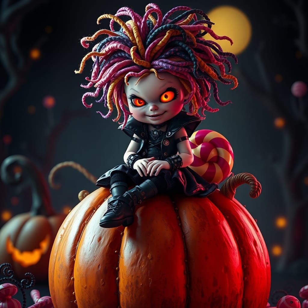 Eerie Girl on Lollipop Pumpkin, Art Nouveau Style