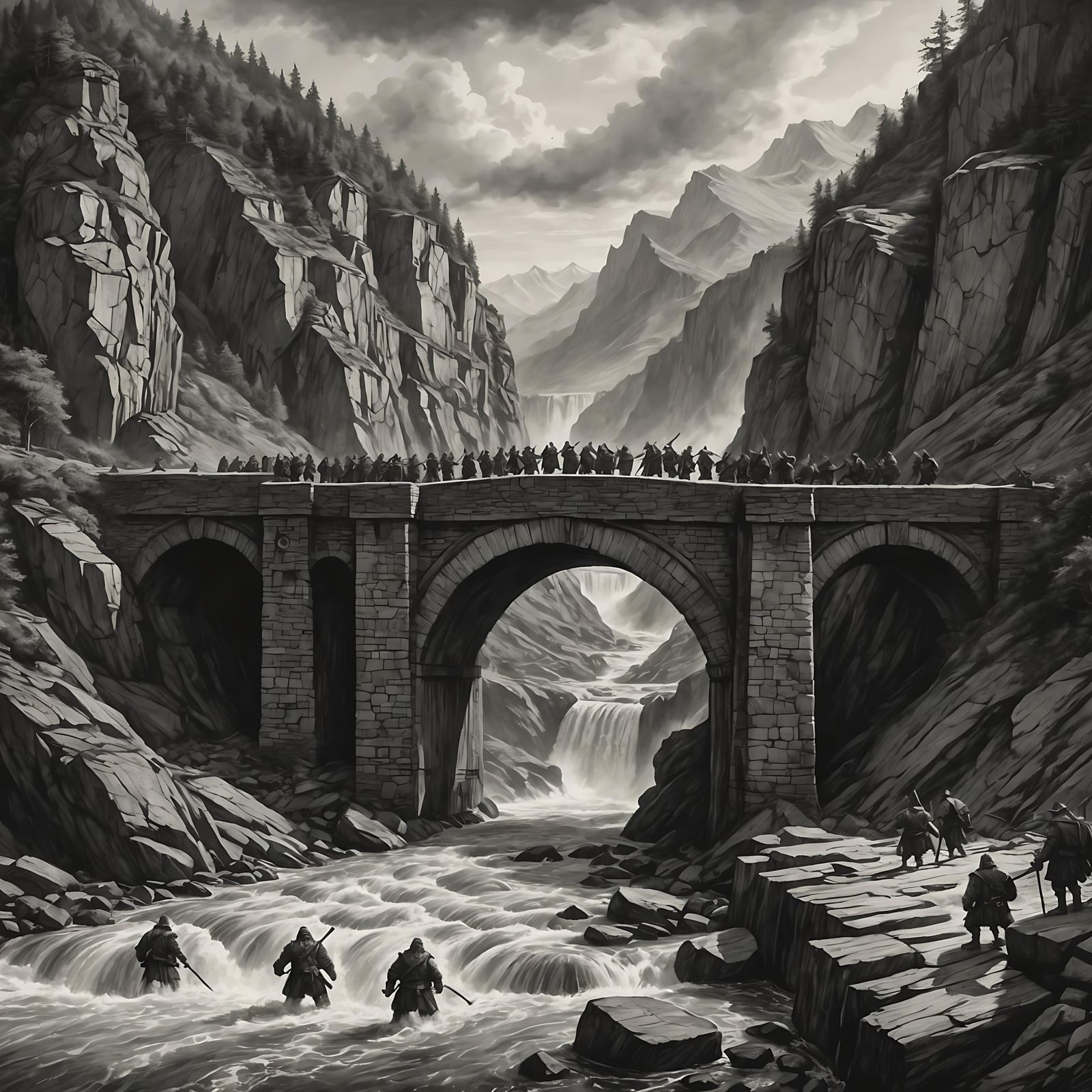 Dwarven Bridge Over Furious River: Tolkien-esque Charcoal Dr...
