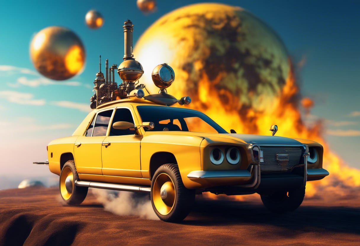 Flaming Steampunk Car Orbiting Planets in Sunset Sky
