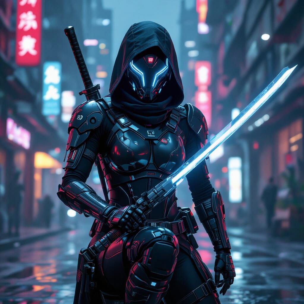 Cyberpunk Ninja with Robot Head on Neon Rooftop