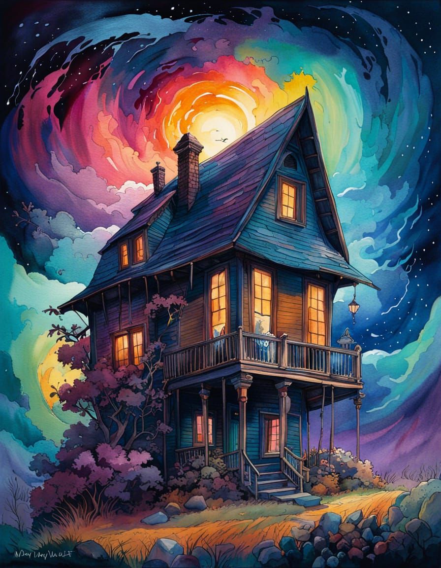 Whimsical House in Terrible Weather, Watercolor Fantasy