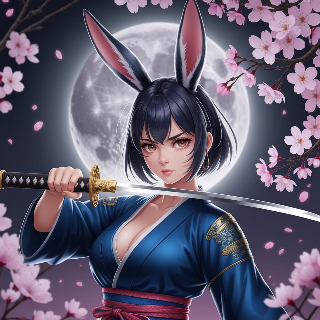 Anime Heroine with Katana in Moonlit Cherry Blossoms