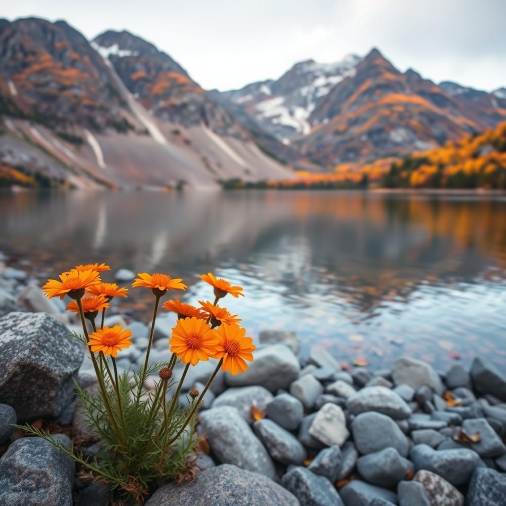 Vibrant Orange Flowers by Autumn Lake and Mountains