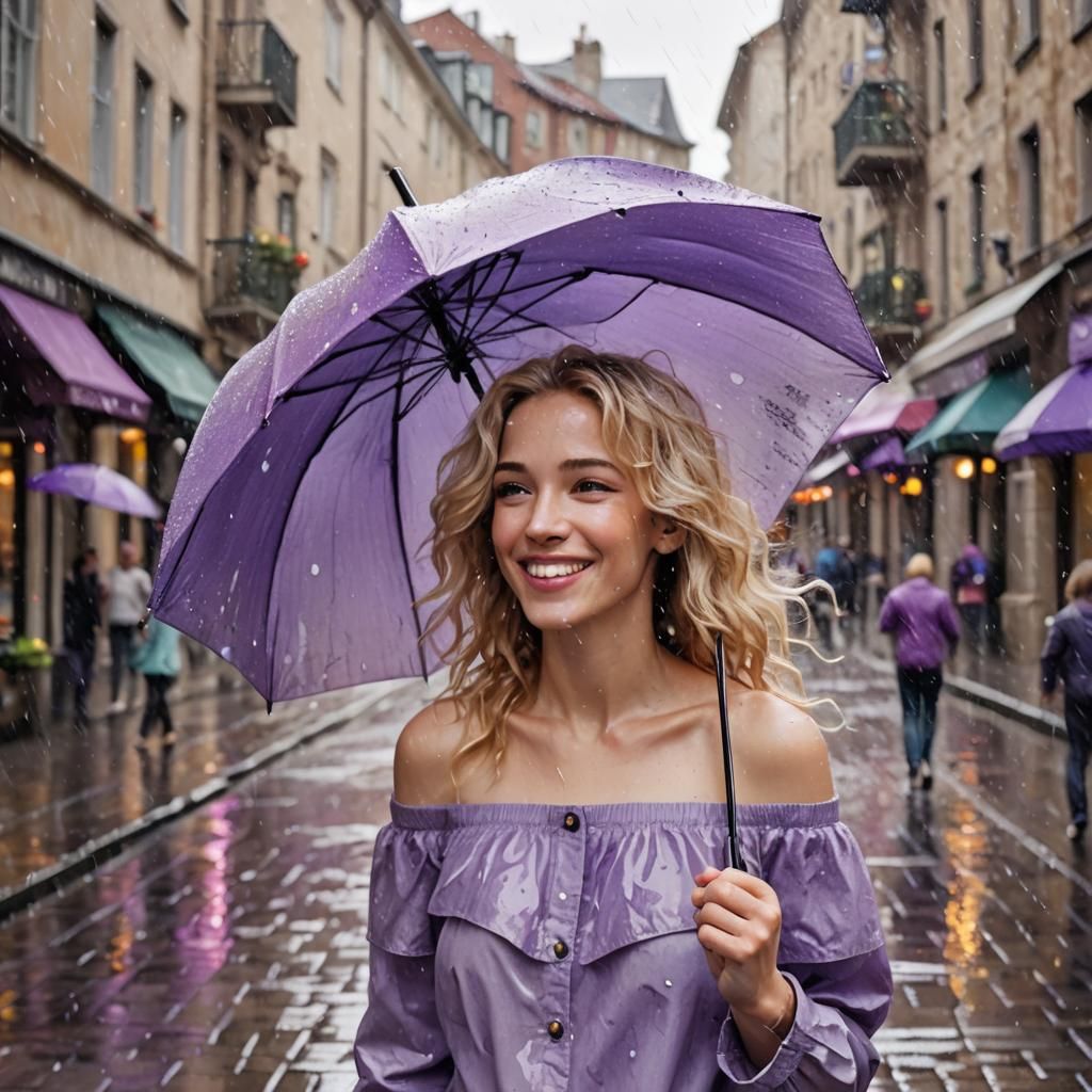 Smiling Woman with Umbrella in Rainy Impressionistic Scene