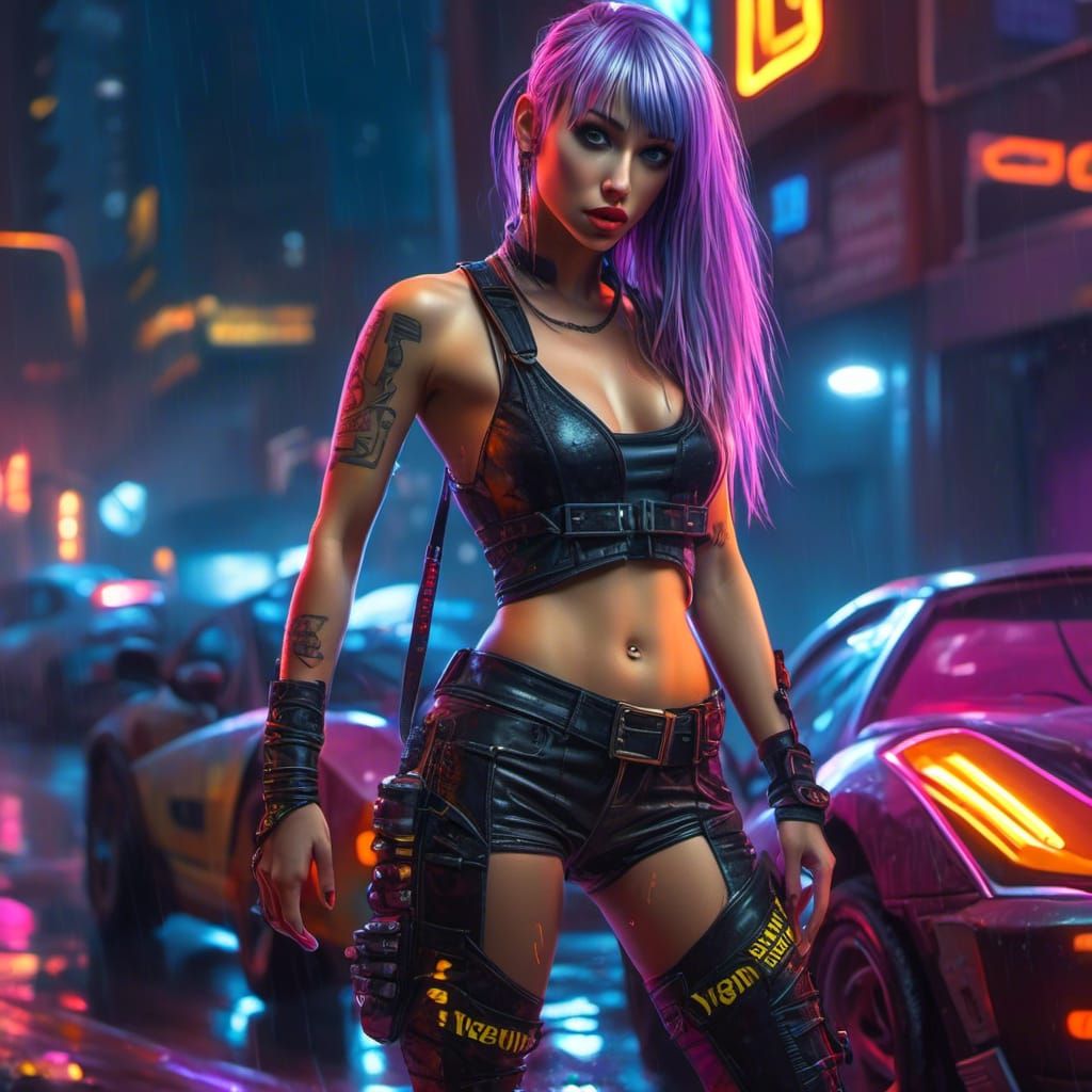 Pandora Flux 66666 💜🖤 Pretty Cyberpunk Girl in Neon City