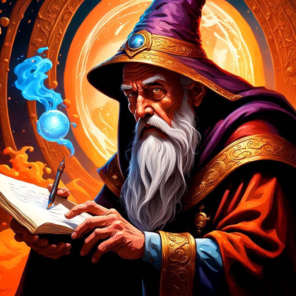 Ancient Wizard Writing Amidst Battle, Hyperrealistic Art