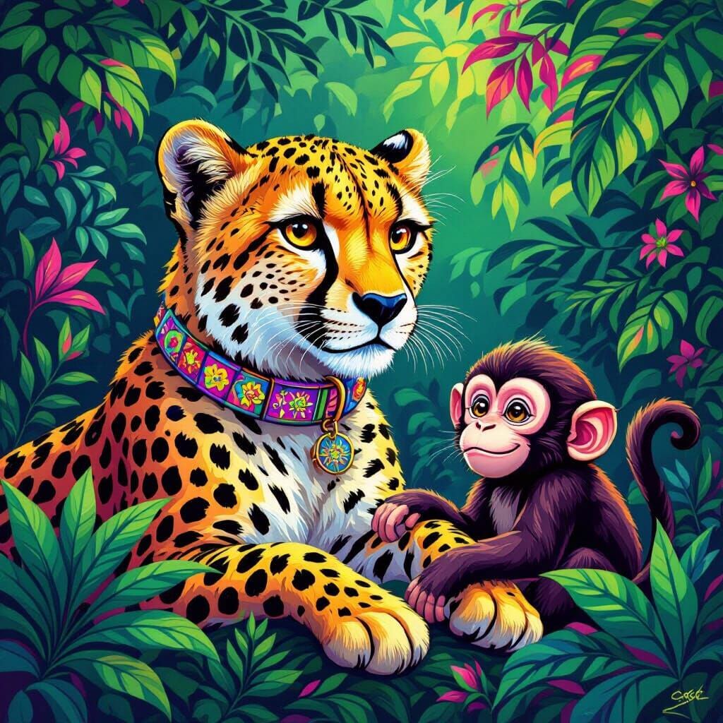 Vibrant Cheetah and Monkey in Lush Rainforest, Lisa Frank St...