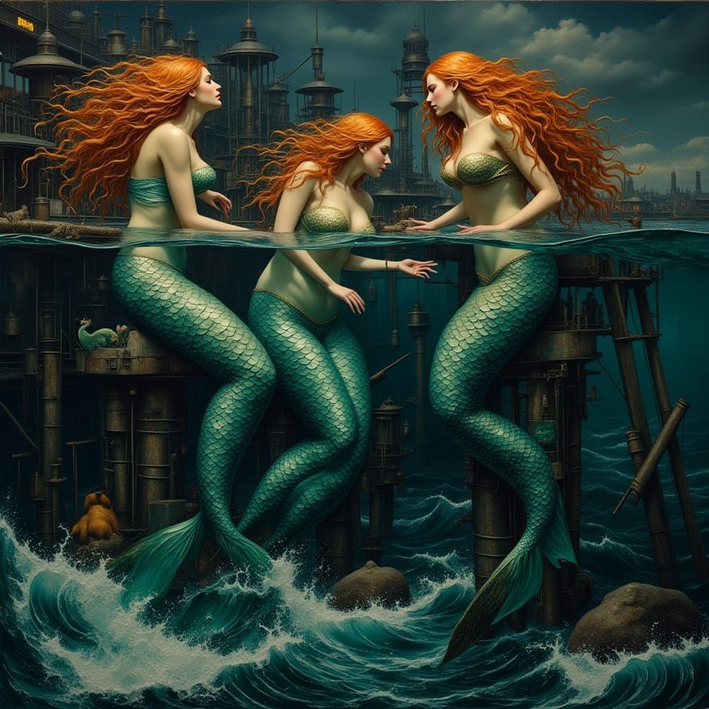 Dark Mermaids Ascend Brighton Pier in Bosch Beksiński Style