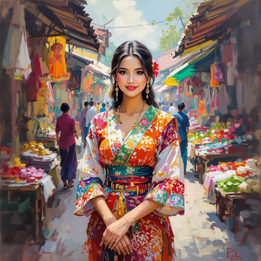 Indonesian Woman in Traditional Dress, Impressionistic Style