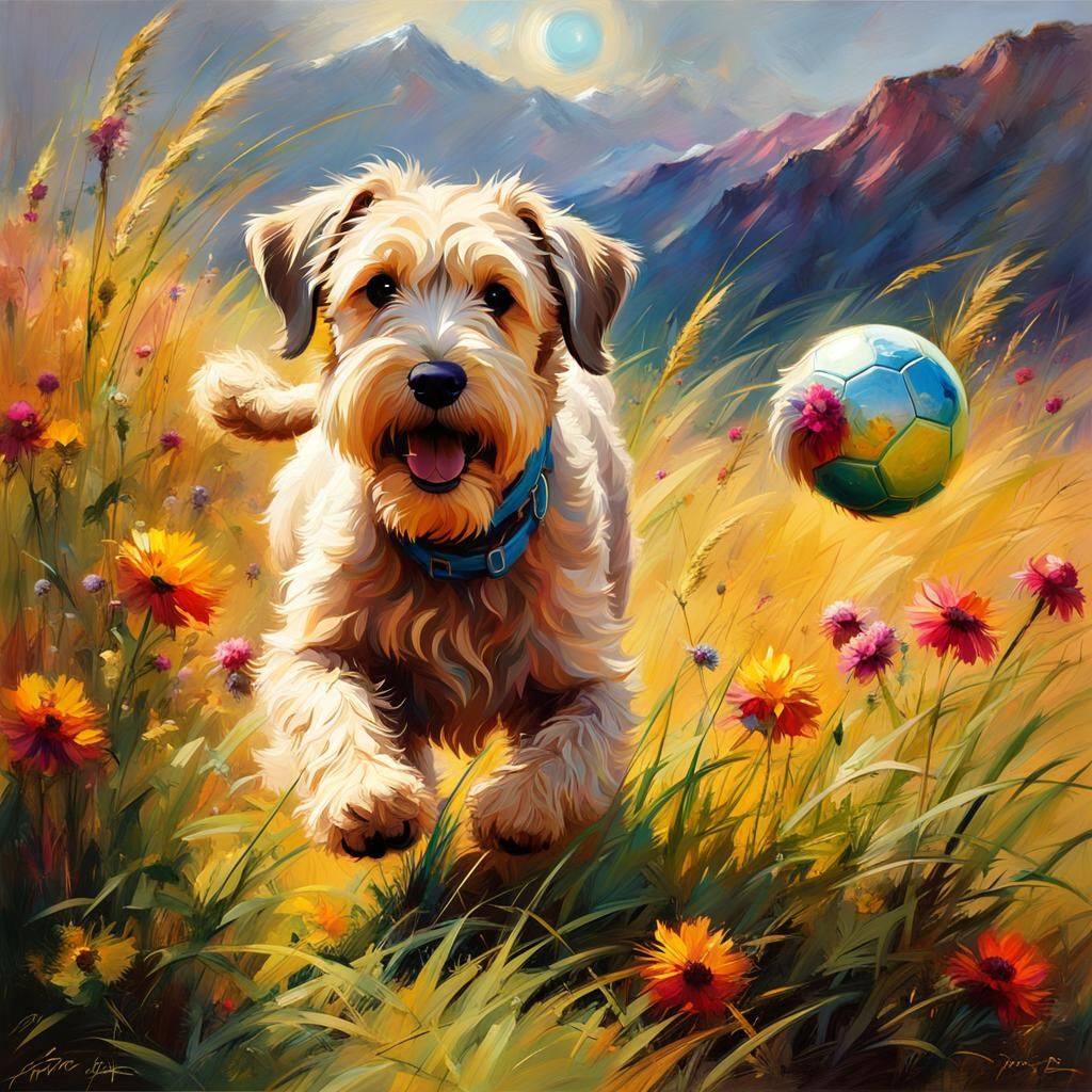 Wheaten Terrier Plays Ball: Oil Painting Style