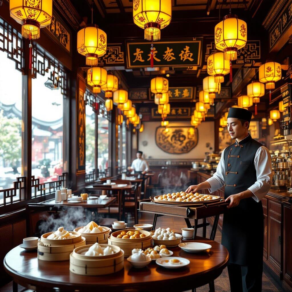 3D Dim Sum Restaurant with Imperial Decor and Lanterns