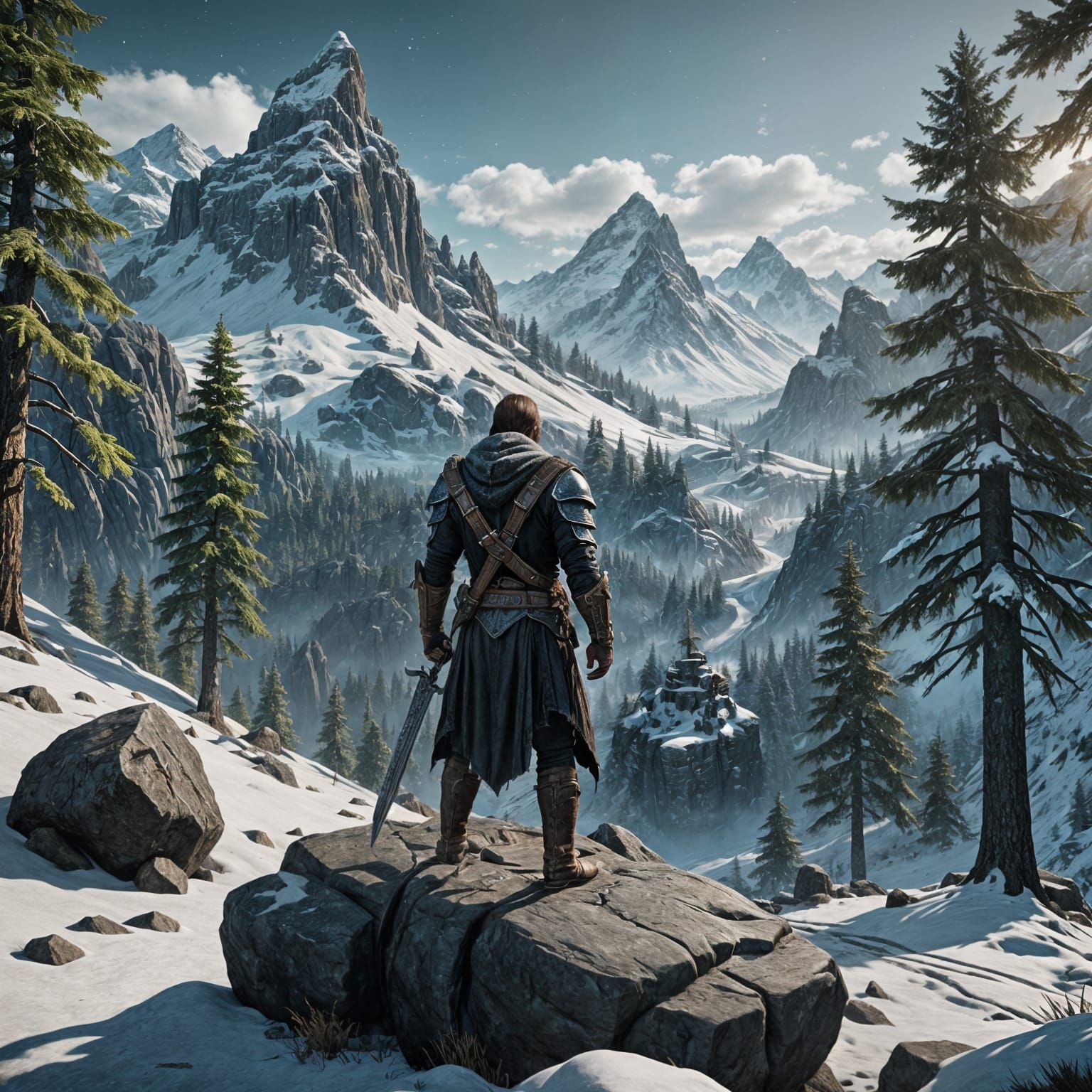 Epic Skyrim Bandit in a Rugged Northern Landscape