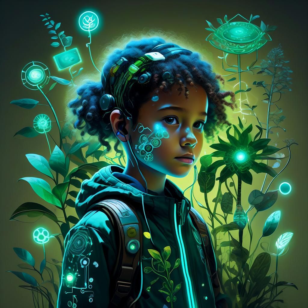Bioluminescent Biotech Portrait of a Child: Hyperrealistic A...
