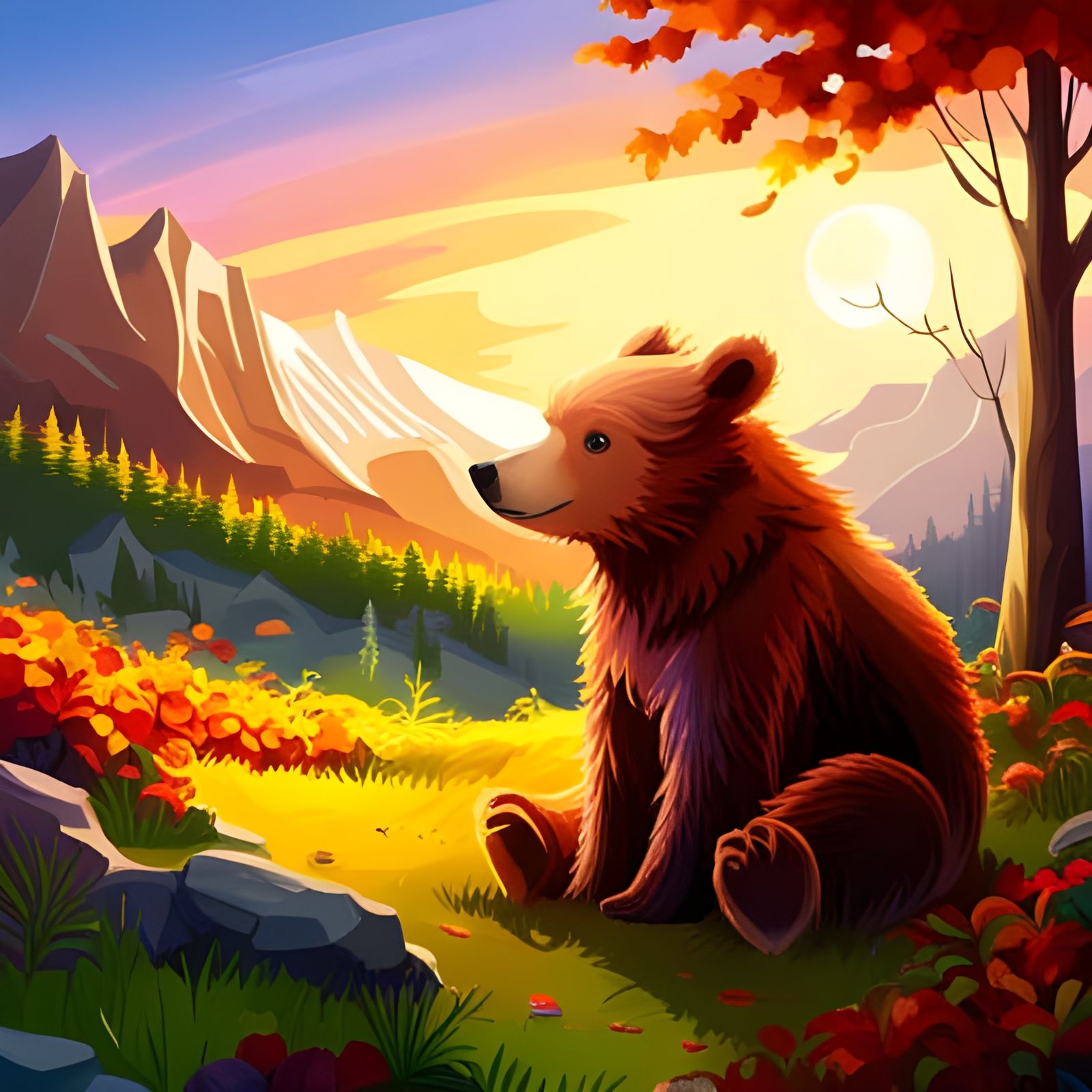Baby Bear in Autumn Meadow: Impasto Oil Painting