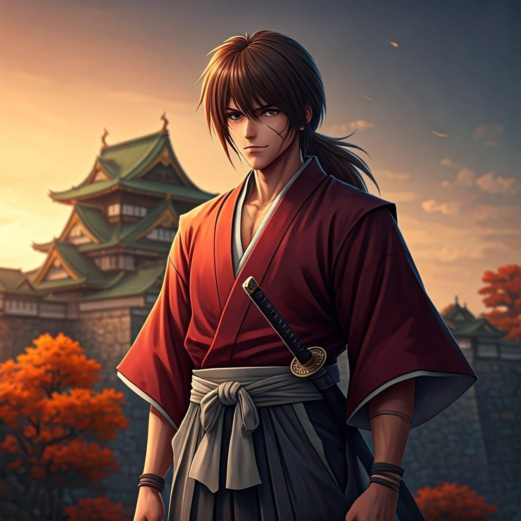 Surreal Meiji-Era Hero Stands Amidst Castle Ruins in Golden ...