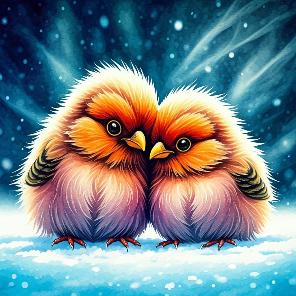 Surreal Winter Birds in Vibrant Glitchy Punk Style