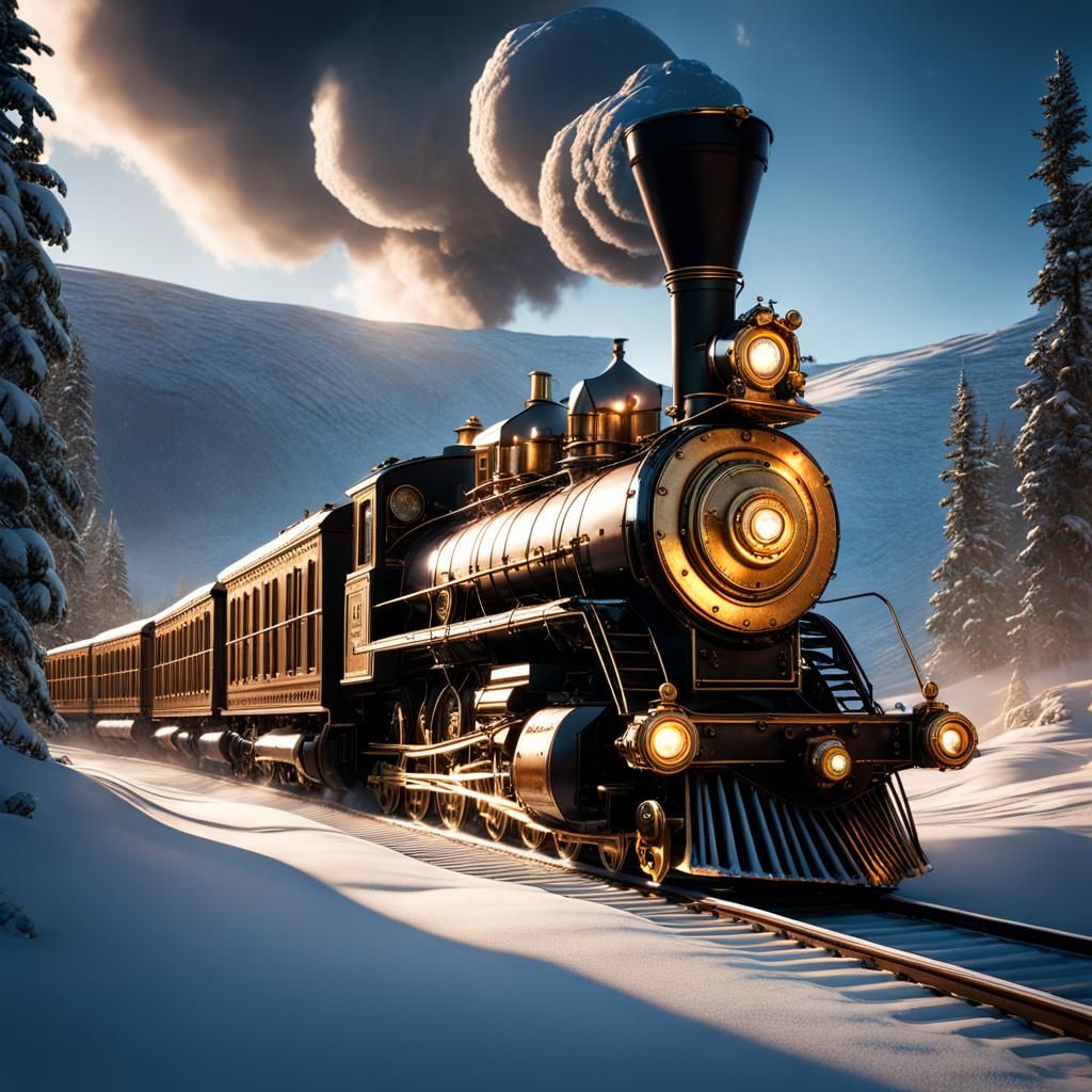 Detailed Steampunk Train in Snowy Blizzard