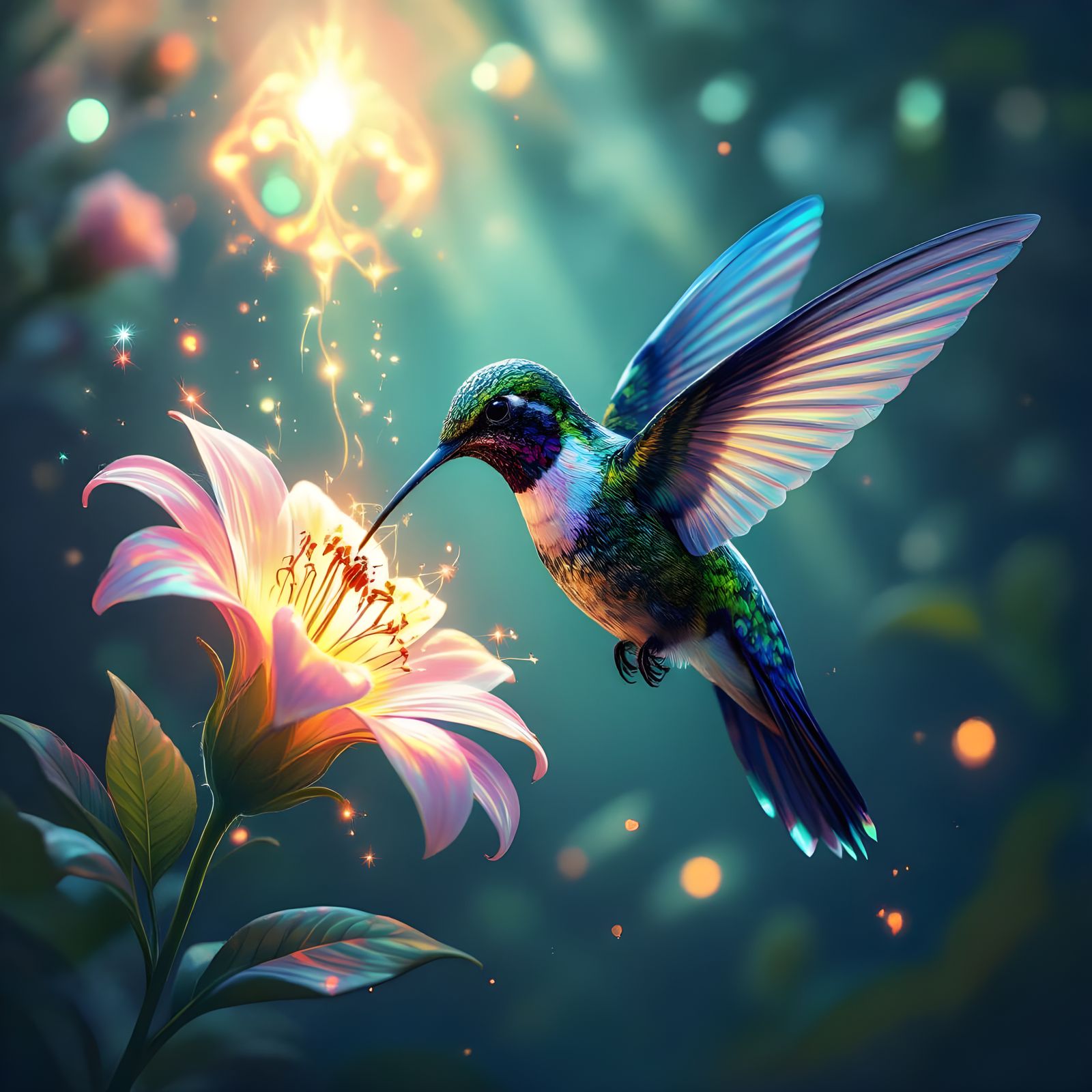 Bioluminescent Hummingbird Sipping Nectar, Glowing Glyphs in...