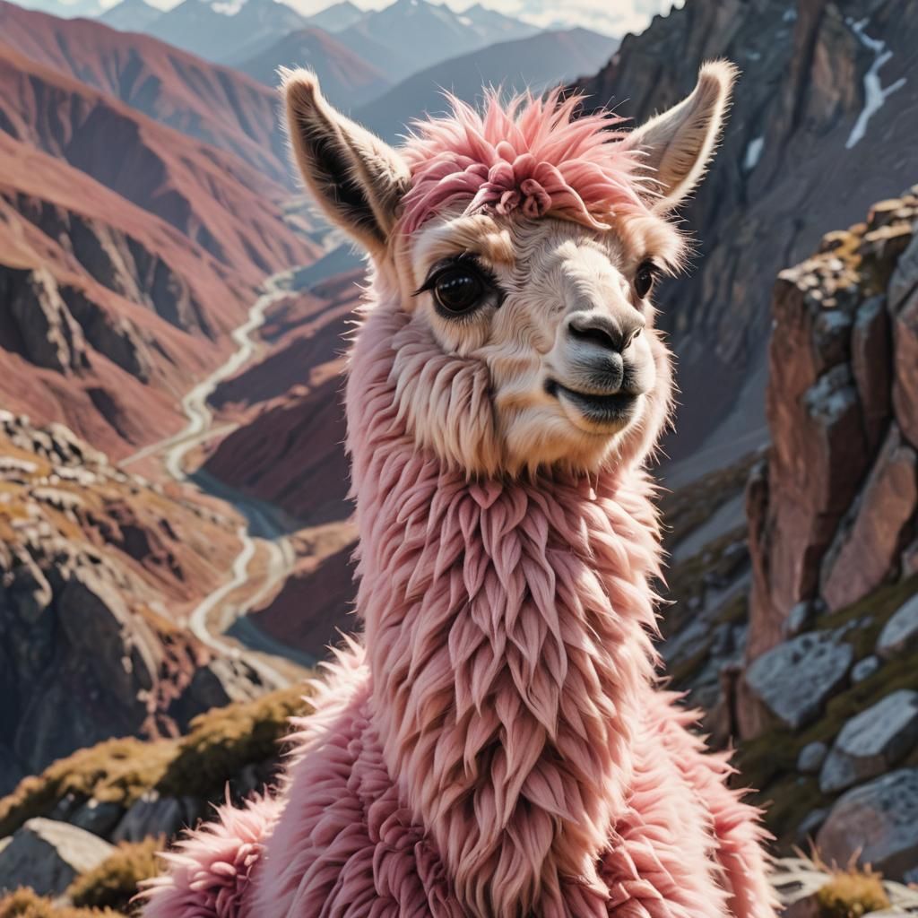 Adorable Pink Plush Llama on a Mountaintop