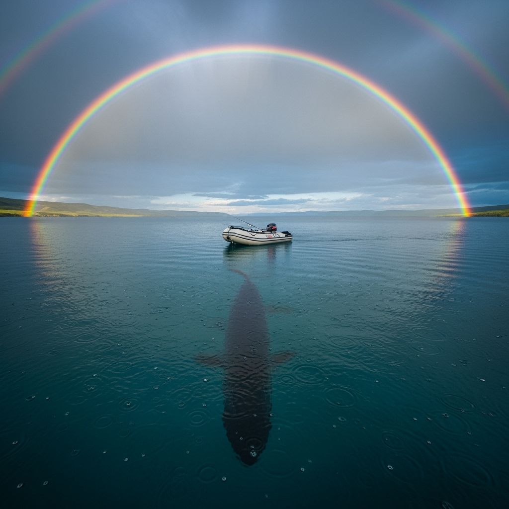 Giant Pike Shadow Under Boat on Rainy Montana Lake