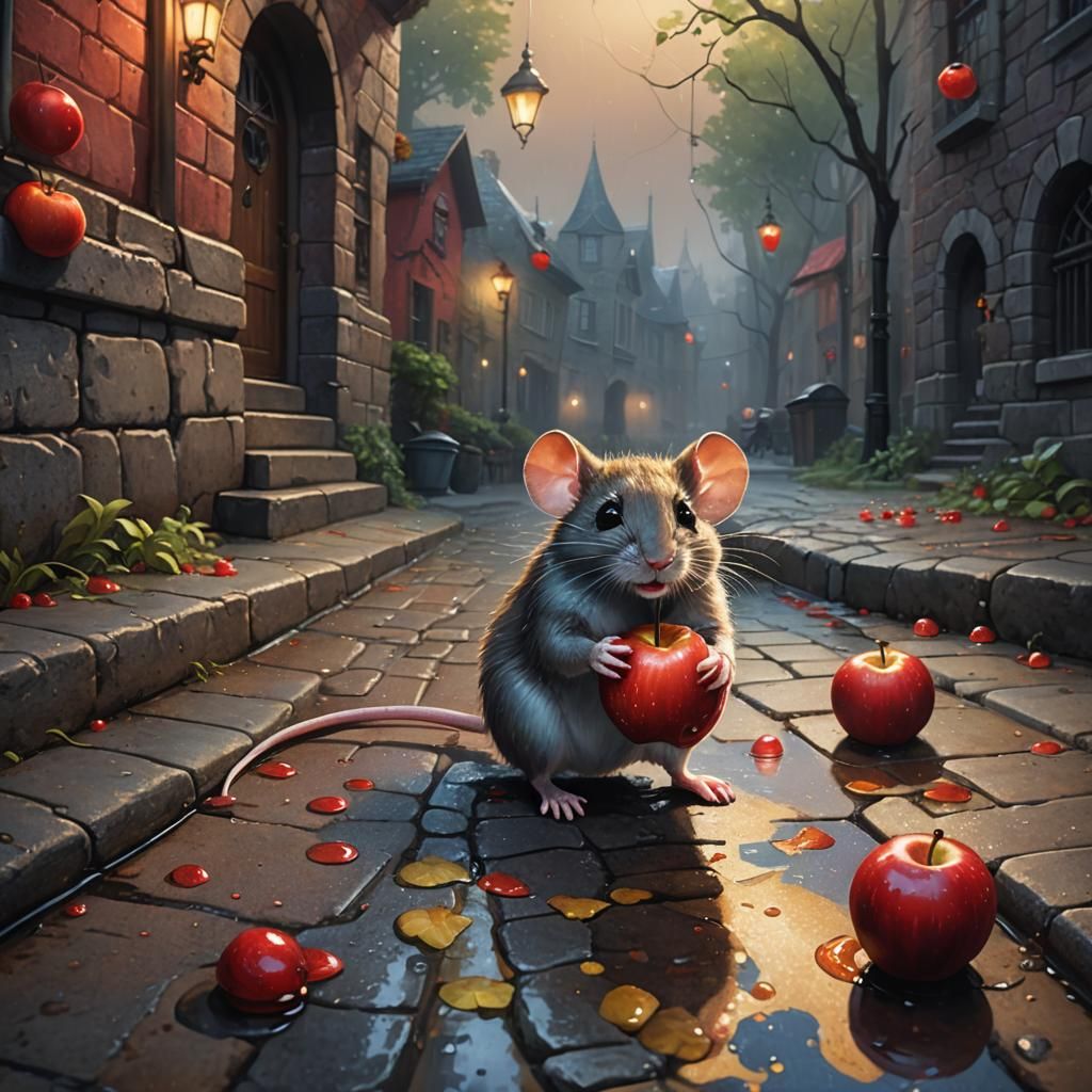 Mouse Bites Apple in Rainy, Vibrant Oil Painting