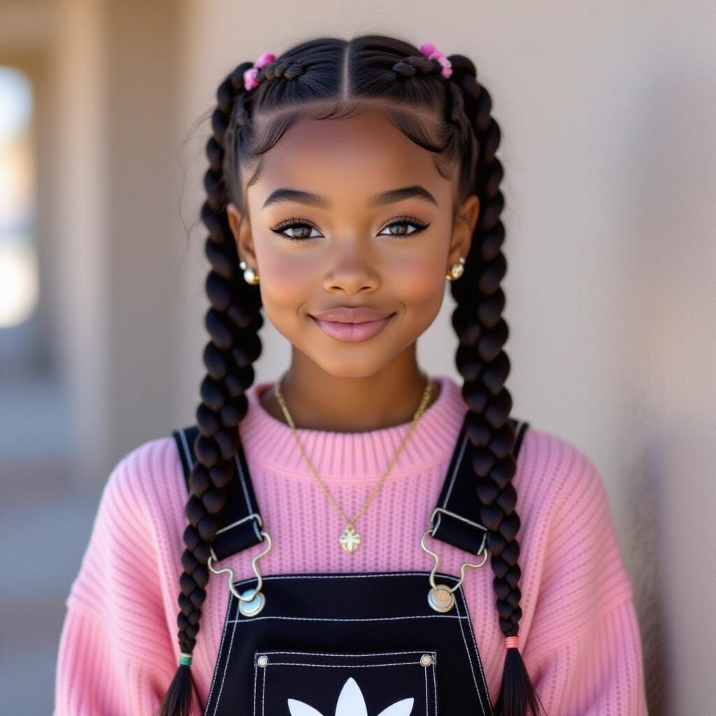 Adorable Black Girl With Pink Sweater and Adidas