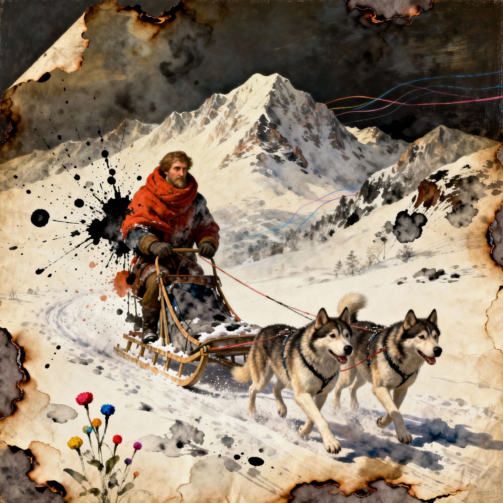 Surreal Dog Sled Journey in Snowy Mountains