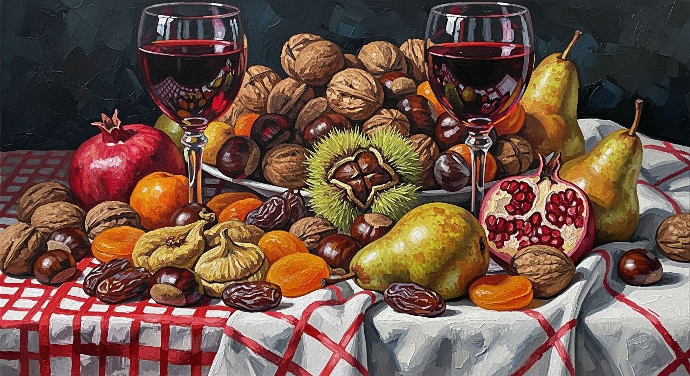 Gouache Still Life: Abundant Fruits and Wine