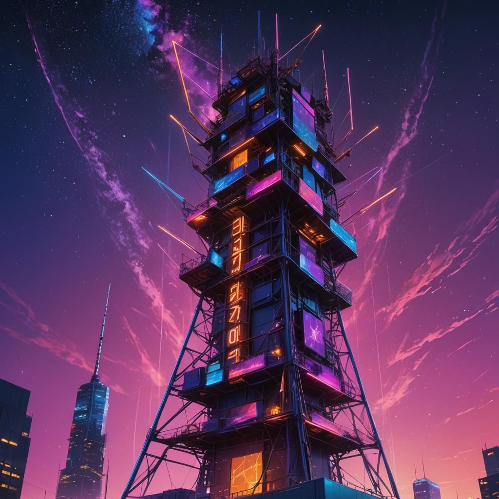 Futuristic Antennae Tower Twinkling in Neon Sky