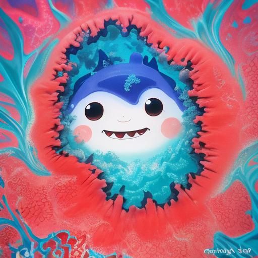 Cute Baby Shark in Coral Reef, Manga Style