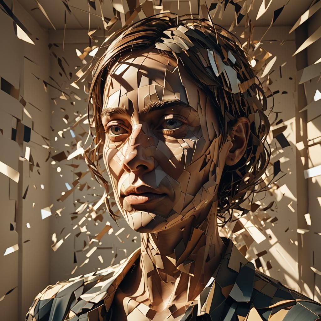 Surreal Face in Dimly Lit Room: Low-Poly 3D Art