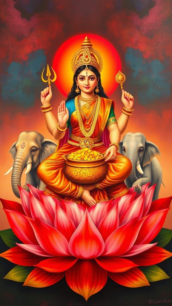 Goddess Lakshmi on Lotus, in Style of Classical Indian Oil P...