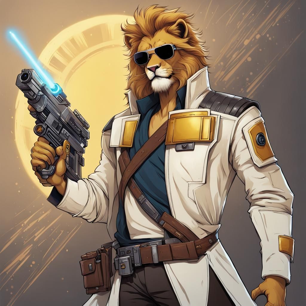 Lion Humanoid Space Smuggler with Laser Blaster
