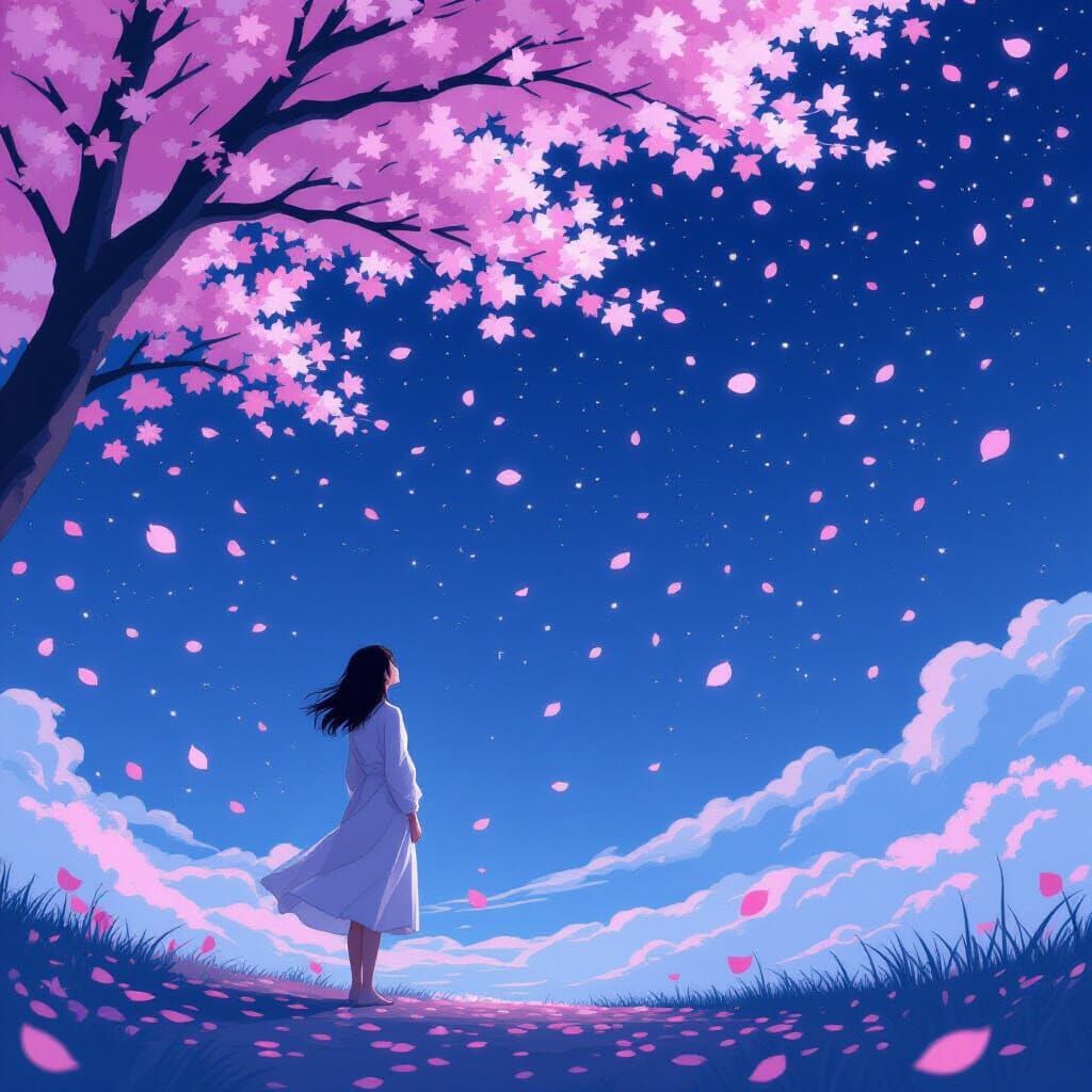 Woman Under Cherry Blossoms in Starry Night Sky