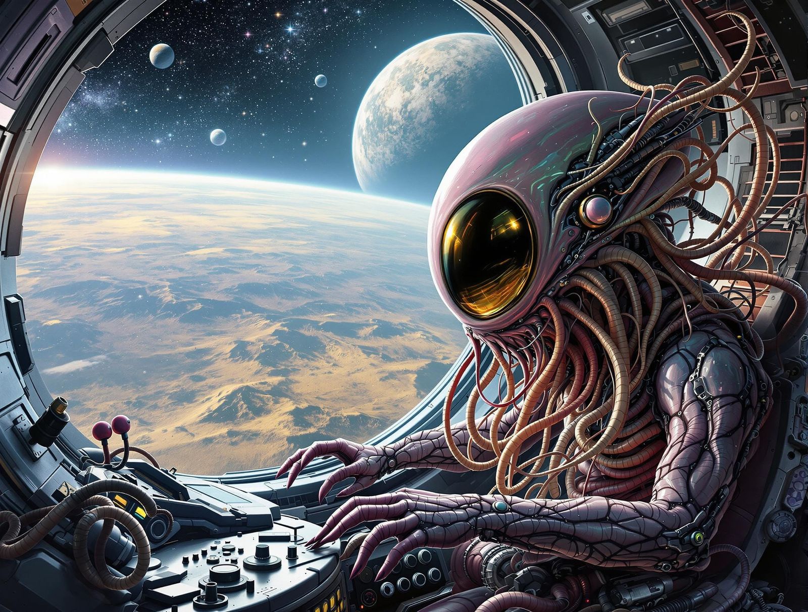 Bizarre Alien Seated at Biomechanical Control Console