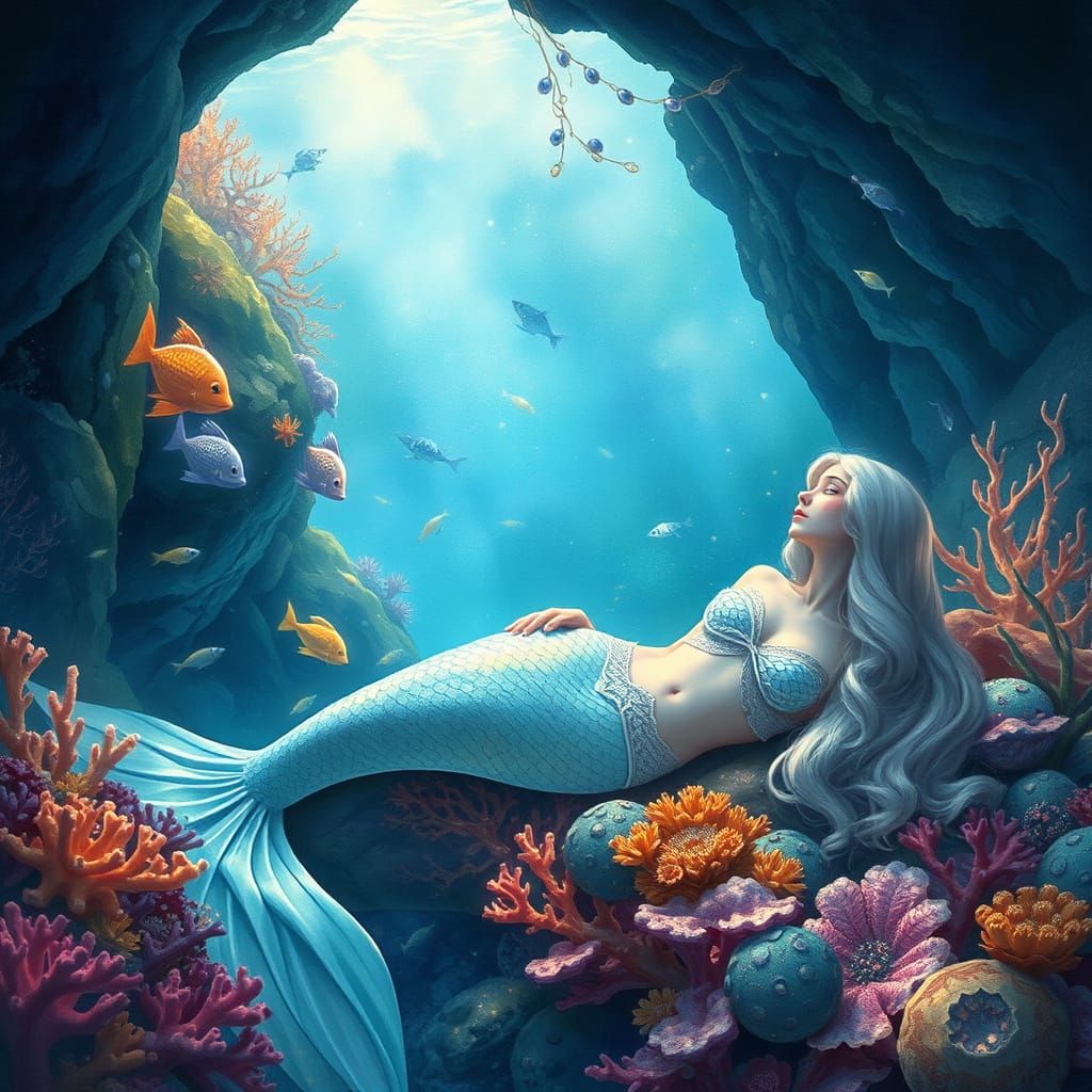 Serene Mermaid in Bioluminescent Underwater Grotto