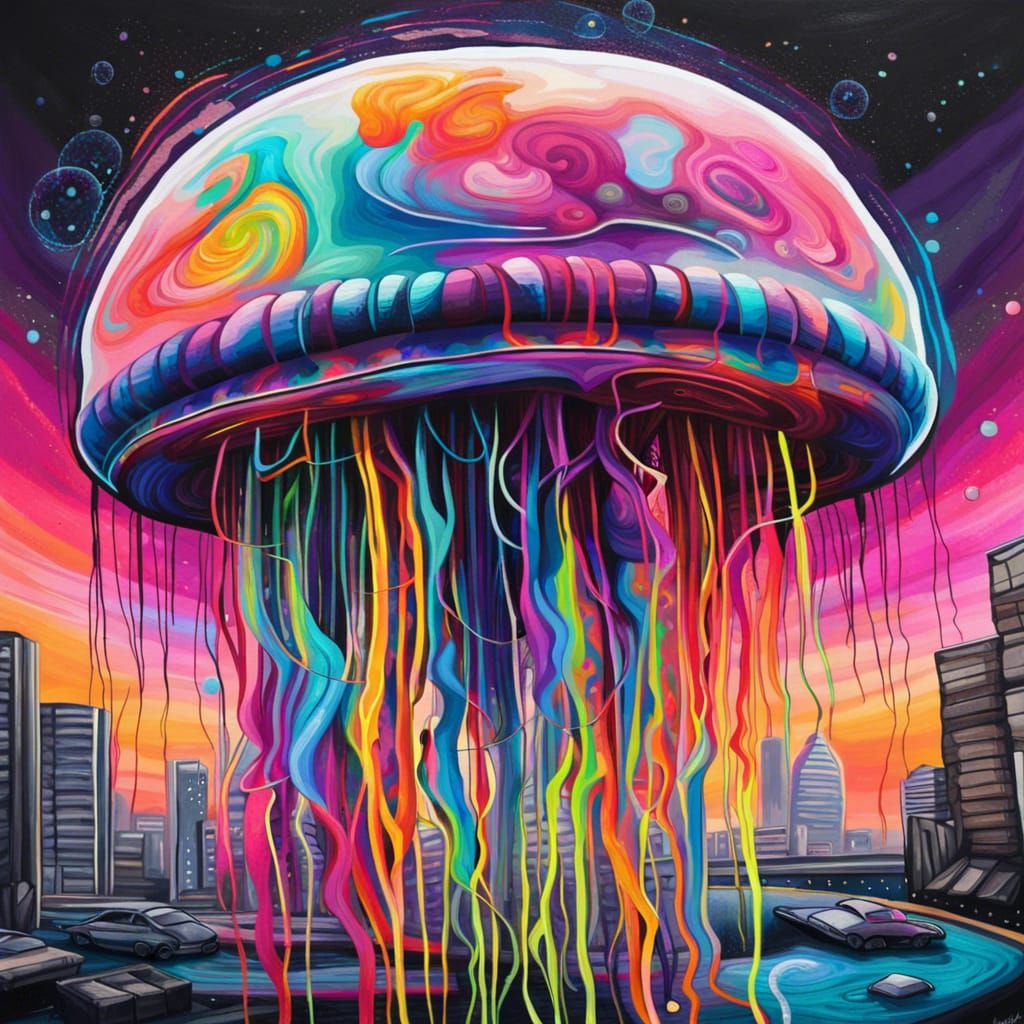 Interstellar Jellyfish Civilization in Graffiti Art Style