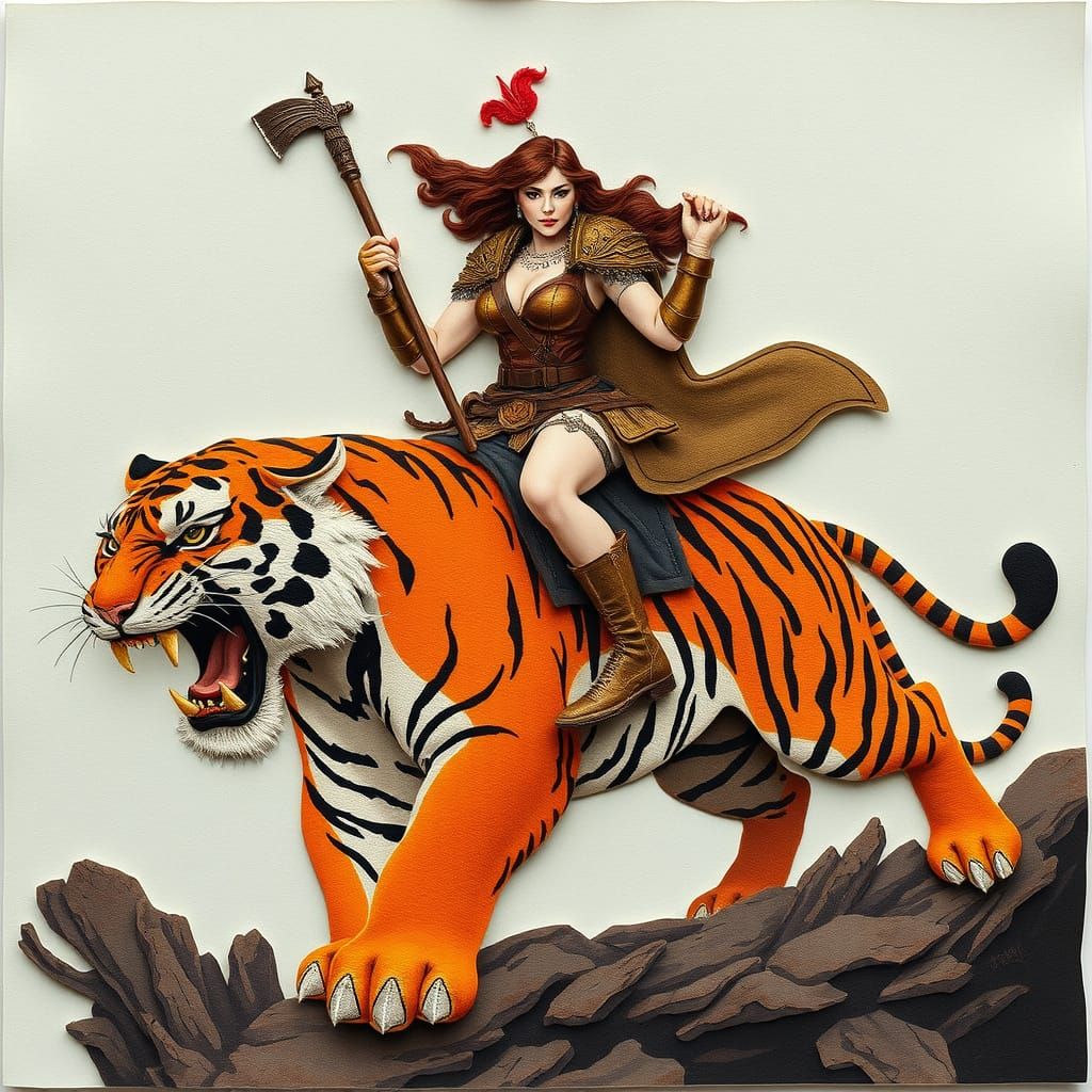 Huntress on Tiger Felt Sculpture in Fantasy Style