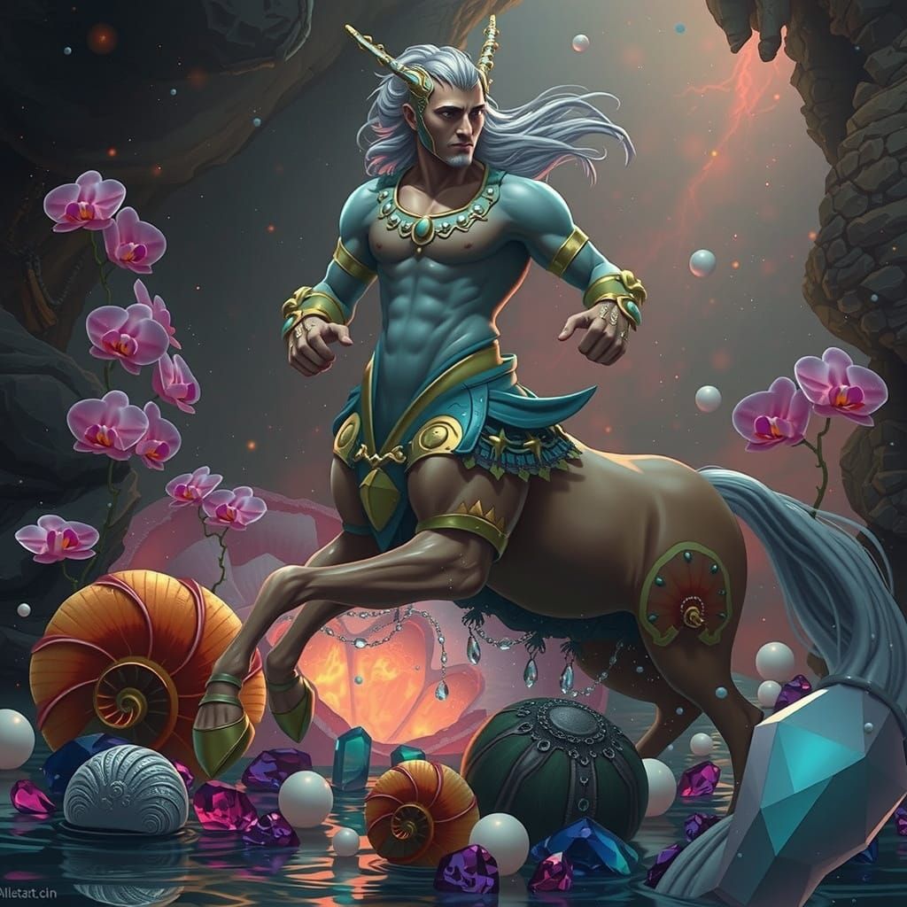 Centaur Amidst Water Elementals in Dark Fantasy RPG