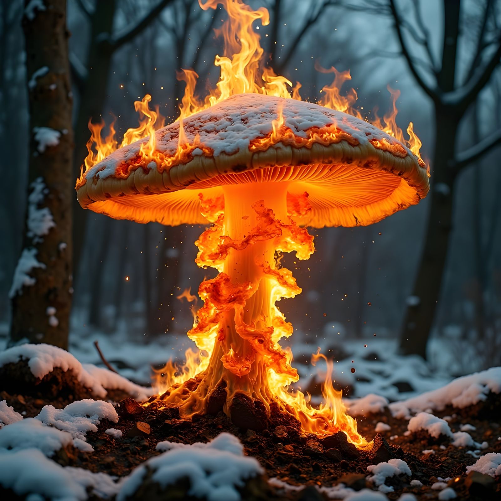 Ethereal Fire Mushroom in Winter Landscape