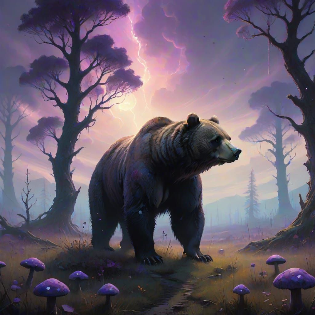 Eerie Bear in a Beksiński-Inspired Dark Fantasy Landscape